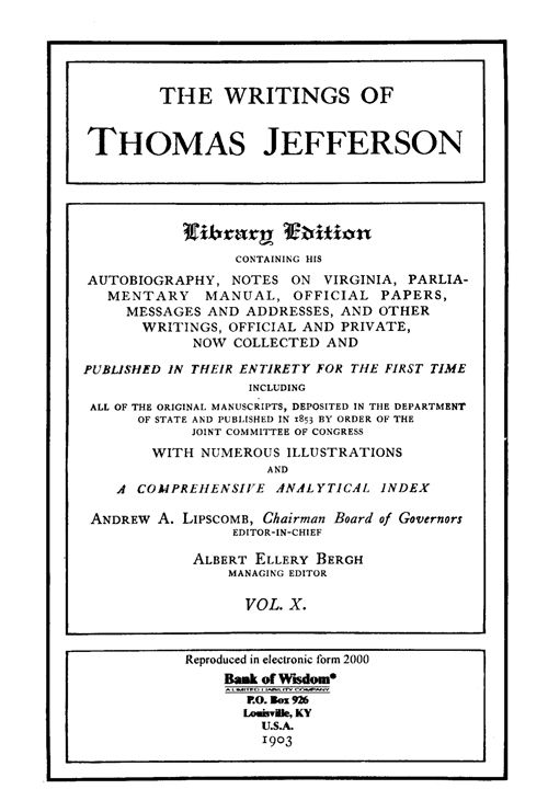 (image for) The Writings of Thomas Jefferson - Vol. 10 of 20 Vols.